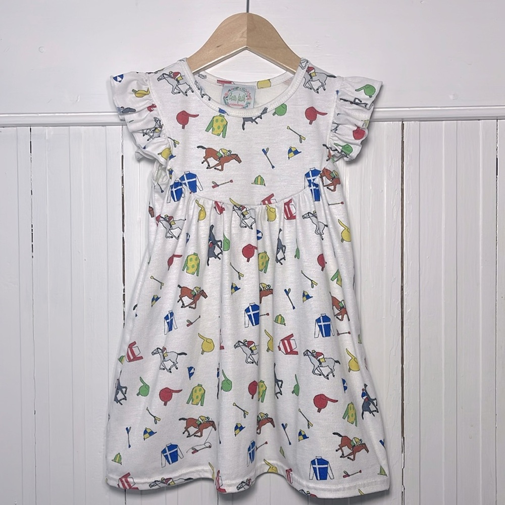Girls White derby Horse Print Flutter Sleeve Dress